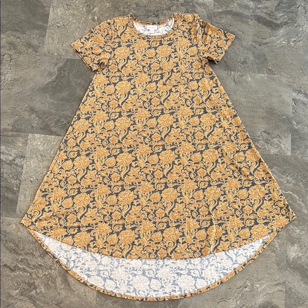 Women’s Midi Dress, Blue with Gold Floral, Back Longer, Soft, Runs Big, Size XXS